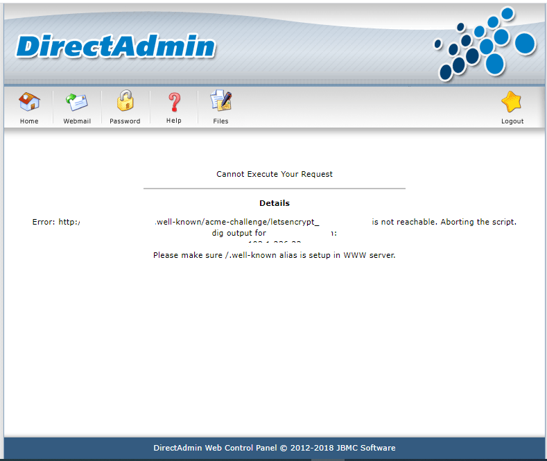 Fix Please make sure /.well-known alias is setup in WWW server directadmin